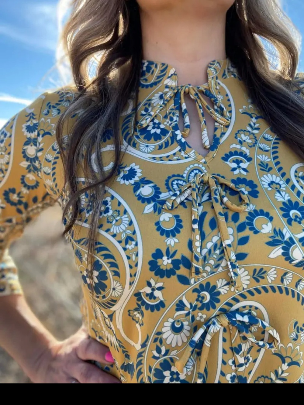 Mustard Floral Tie-Front Tunic Top
